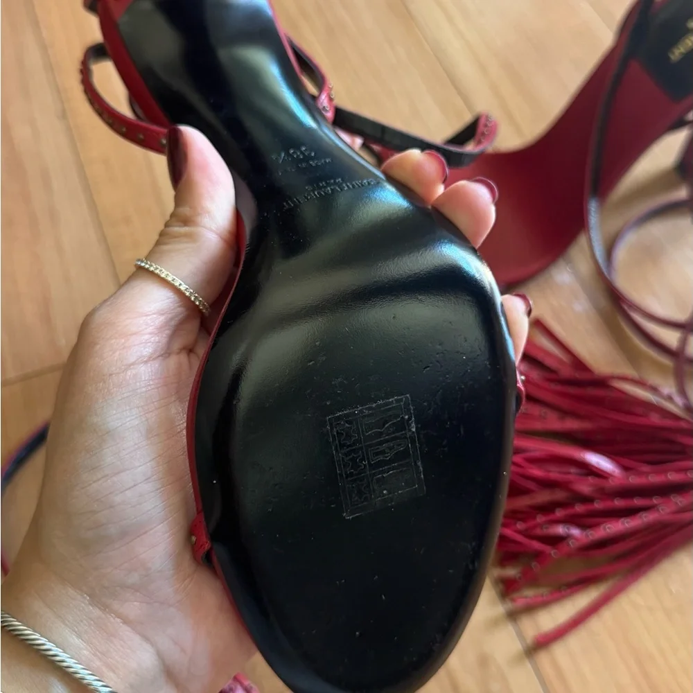 Saint Laurent Red Studded Leather Lace-Up Heels - Picture 3 of 6